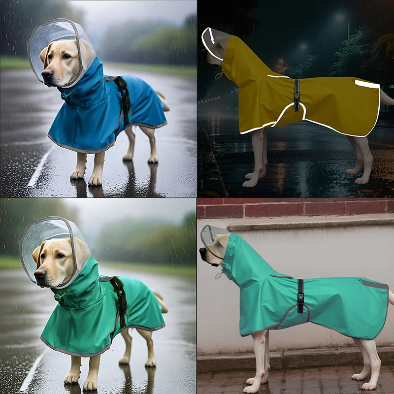 Large dog wearing a hooded waterproof reflective raincoat – photo 3