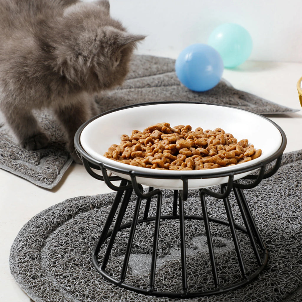 Shallow whisker-friendly ceramic cat bowl on an iron stand – photo 12
