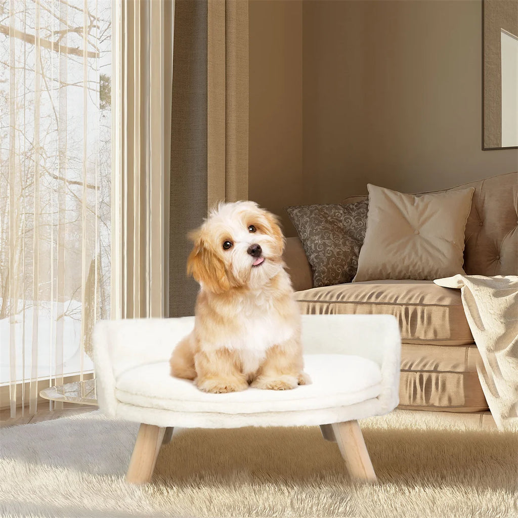 Plush Cat Bed Chair with Wooden Legs, White