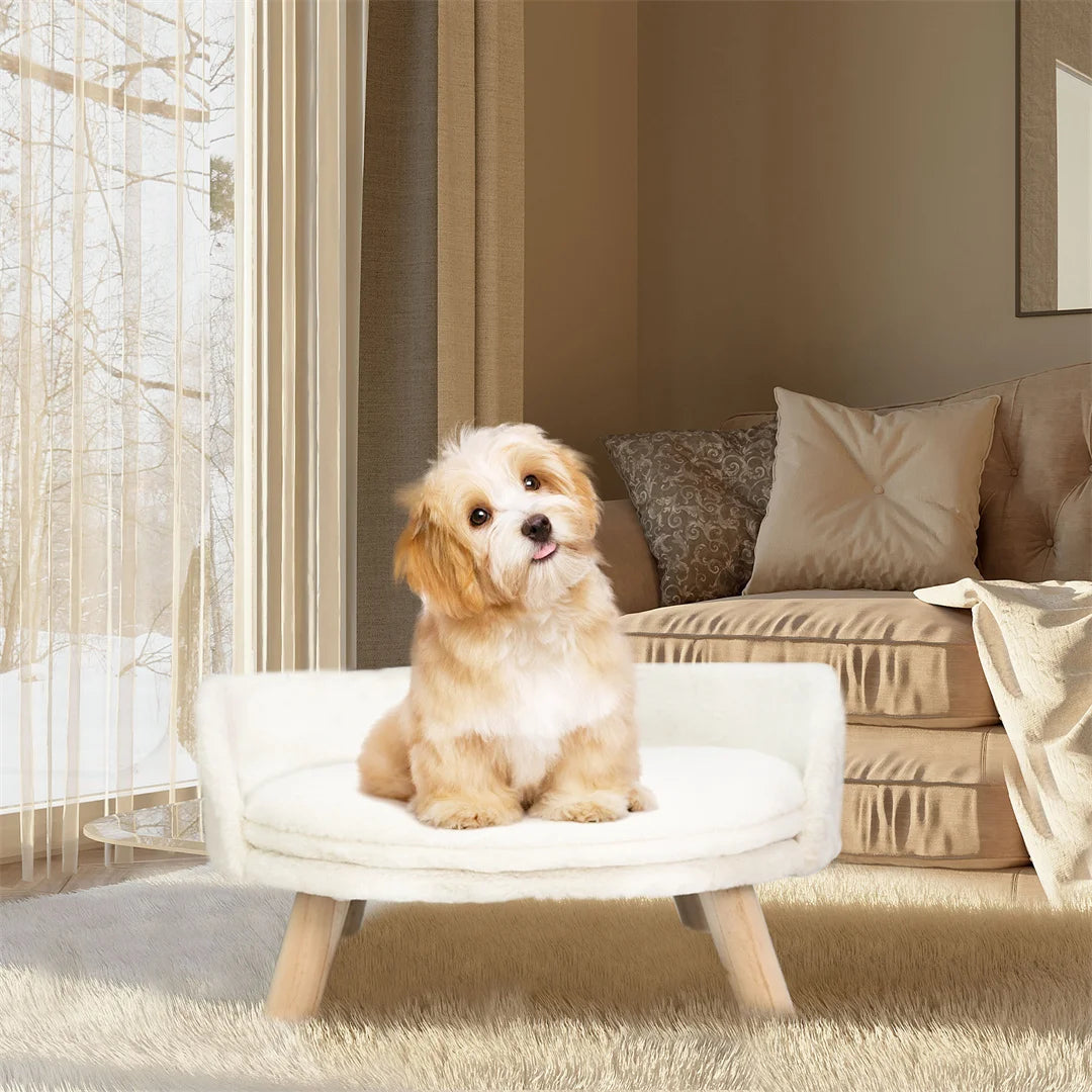 Plush Cat Bed Chair with Wooden Legs, White