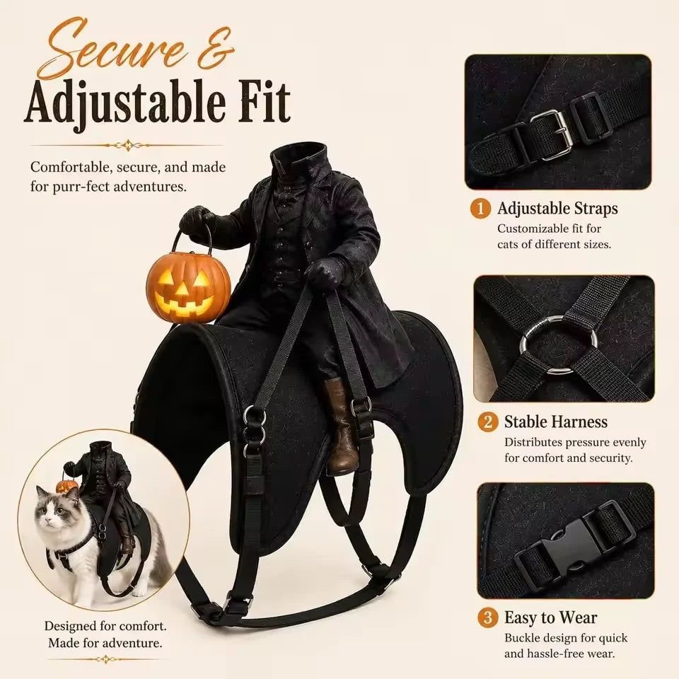 Cat wearing a headless horseman rider costume harness – photo 6