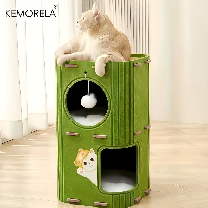 Tree-shaped felt cat condo with scratching posts and hanging toys
