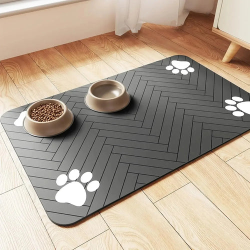 Absorbent pet feeding mat under food and water bowls