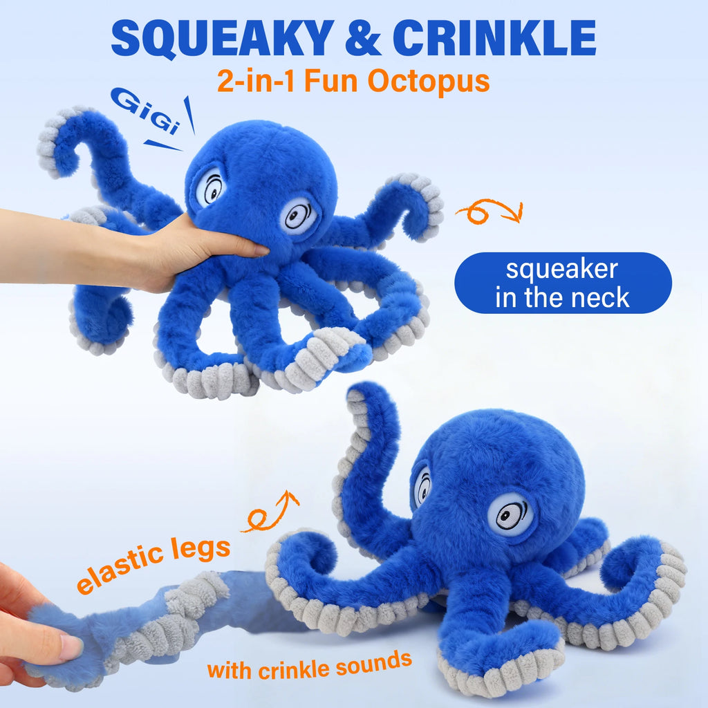 Plush octopus squeaky dog toy with elastic crinkle legs