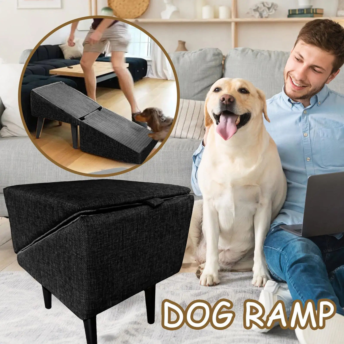 Foldable wooden pet ramp with non-slip fabric cover beside a bed – photo 3