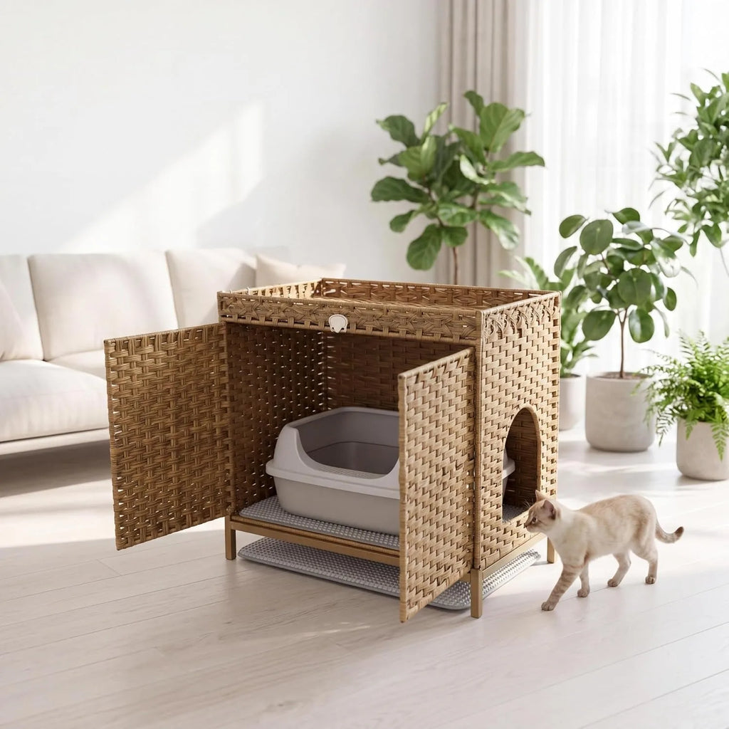 Rattan Litter Box Enclosure with Raised Metal Feet