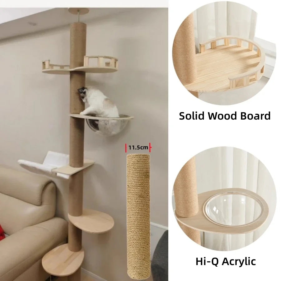 Tall adjustable floor-to-ceiling cat tree with platforms and hammock – photo 3