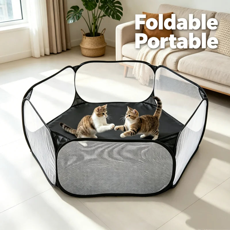 Foldable pop-up mesh pet playpen with a puppy inside