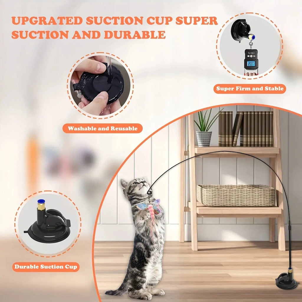 Cat playing with a feather and bell teaser wand on a suction cup – photo 4