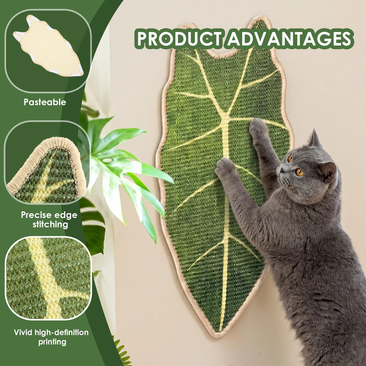 Leaf-shaped natural sisal cat scratching mat on a wall – photo 11