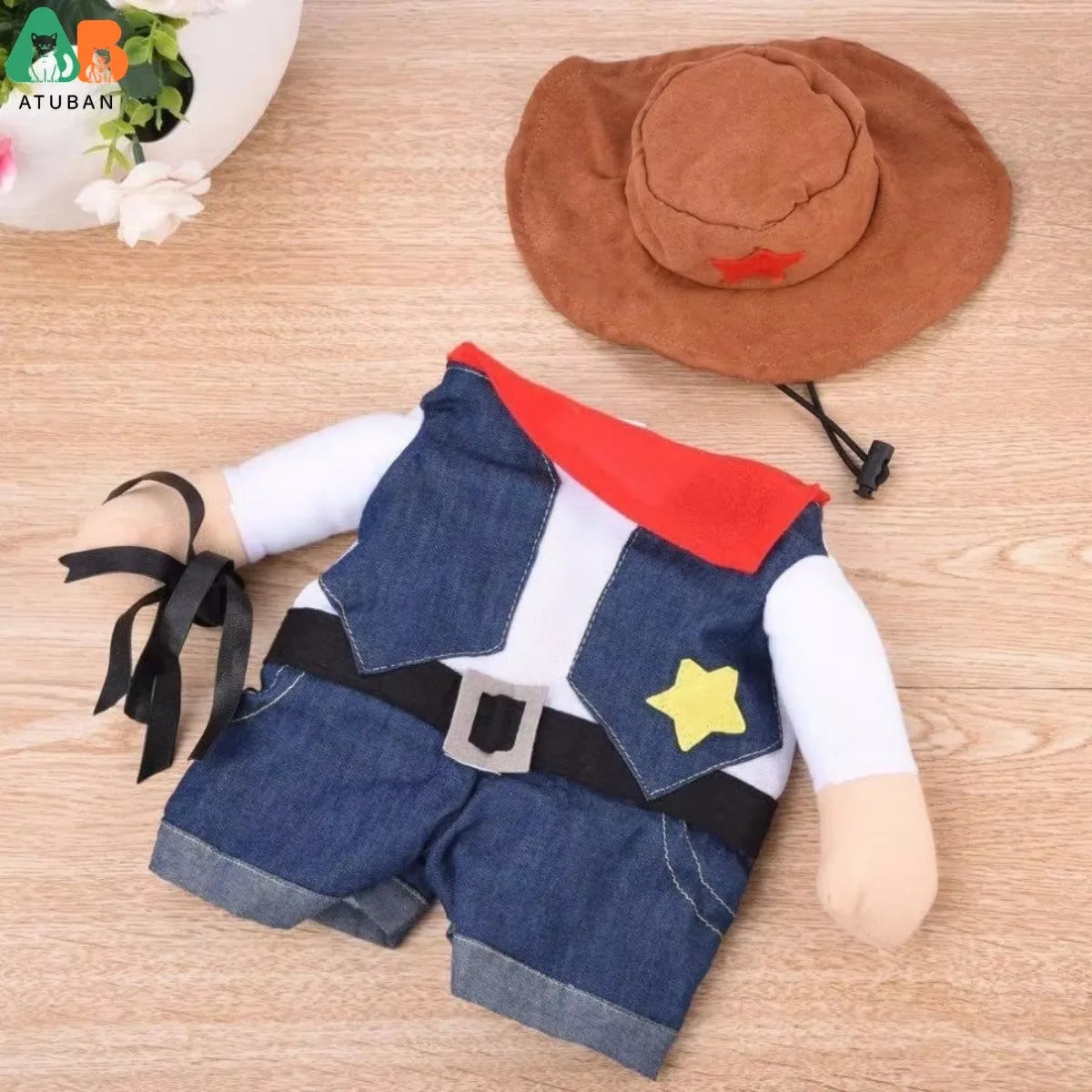 Cat wearing a cowboy Halloween costume with hat and faux arms – photo 5