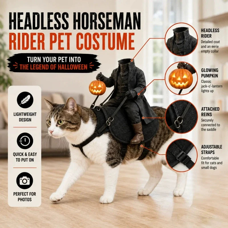 Cat wearing a headless horseman rider costume harness