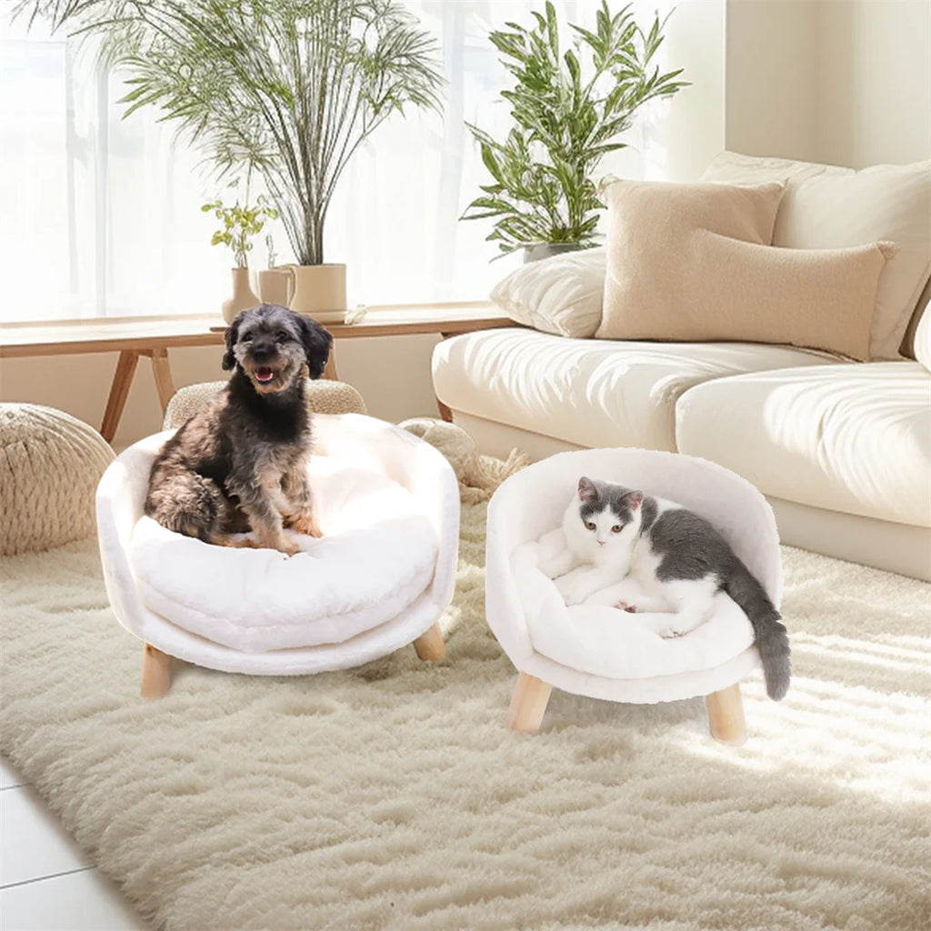 White plush cat bed chair with wooden legs