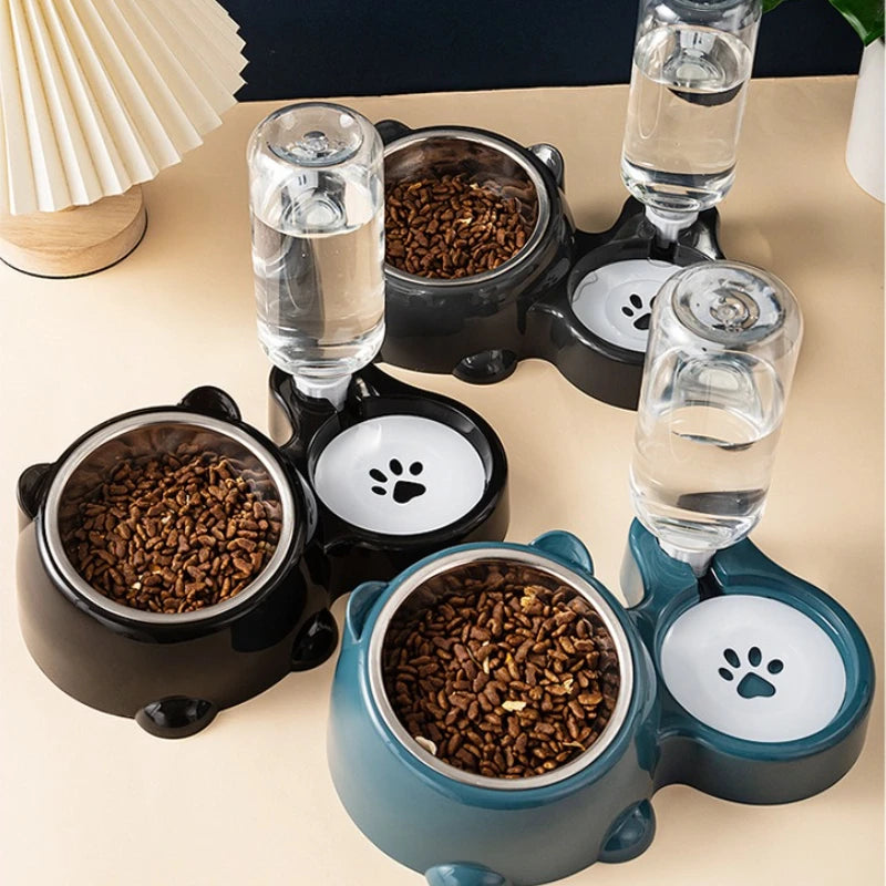 Gravity pet food feeder and water dispenser set