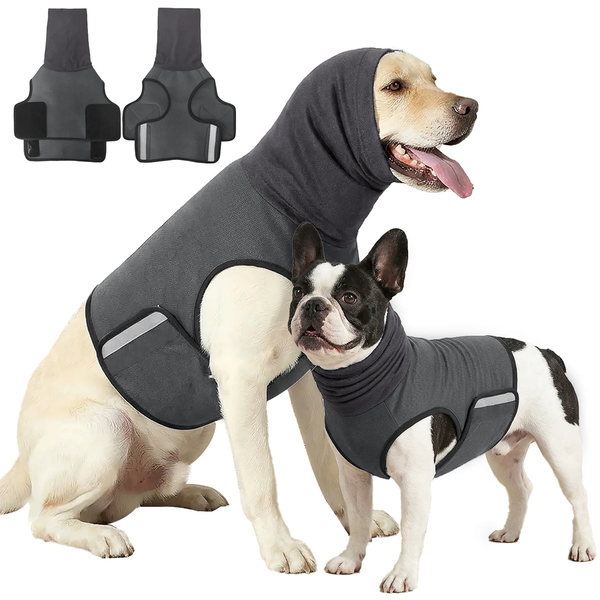 Dog calming vest with optional hood