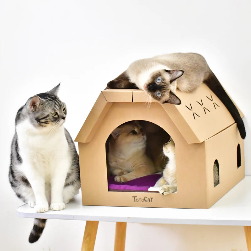 Cardboard cat scratcher house with scratch pads