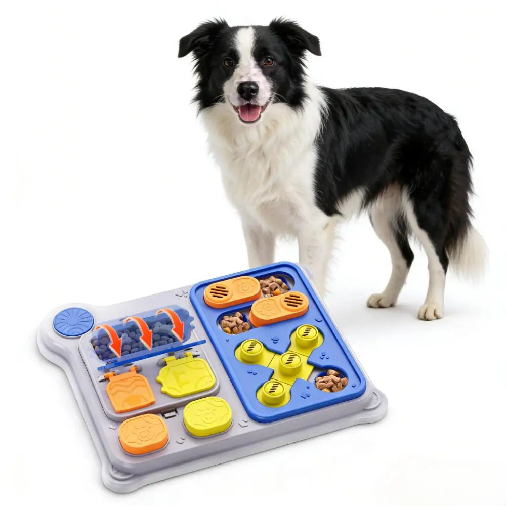 Dog playing with an interactive treat puzzle toy