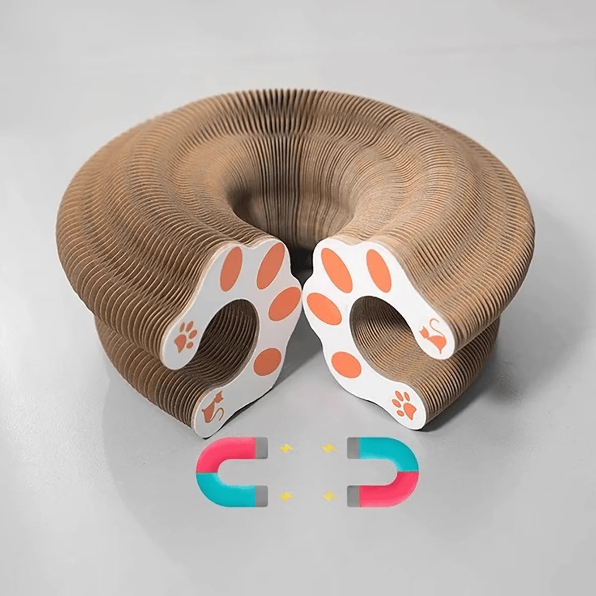 Twisting corrugated cardboard cat scratcher toy with bell ball