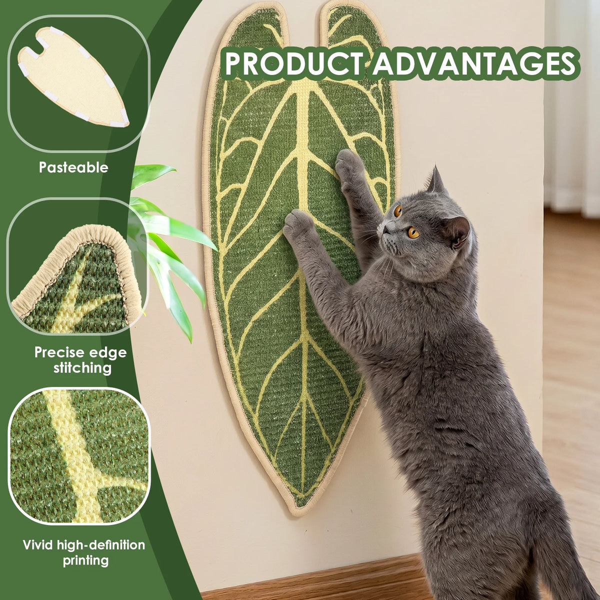 Leaf-shaped natural sisal cat scratching mat on a wall – photo 3