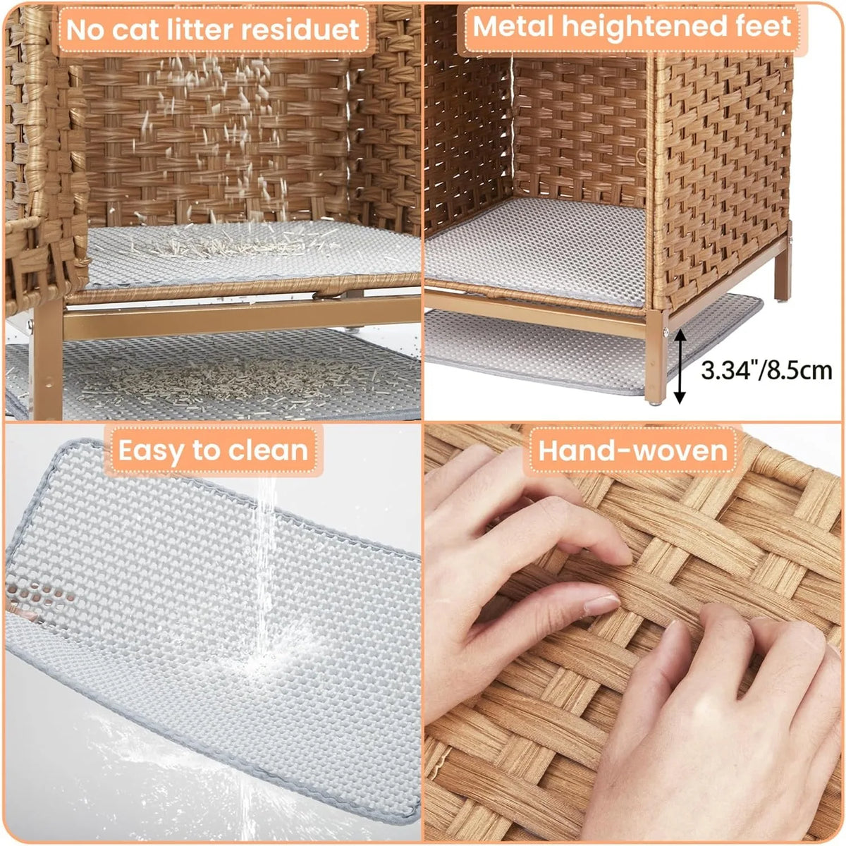 Rattan Litter Box Enclosure with Raised Metal Feet