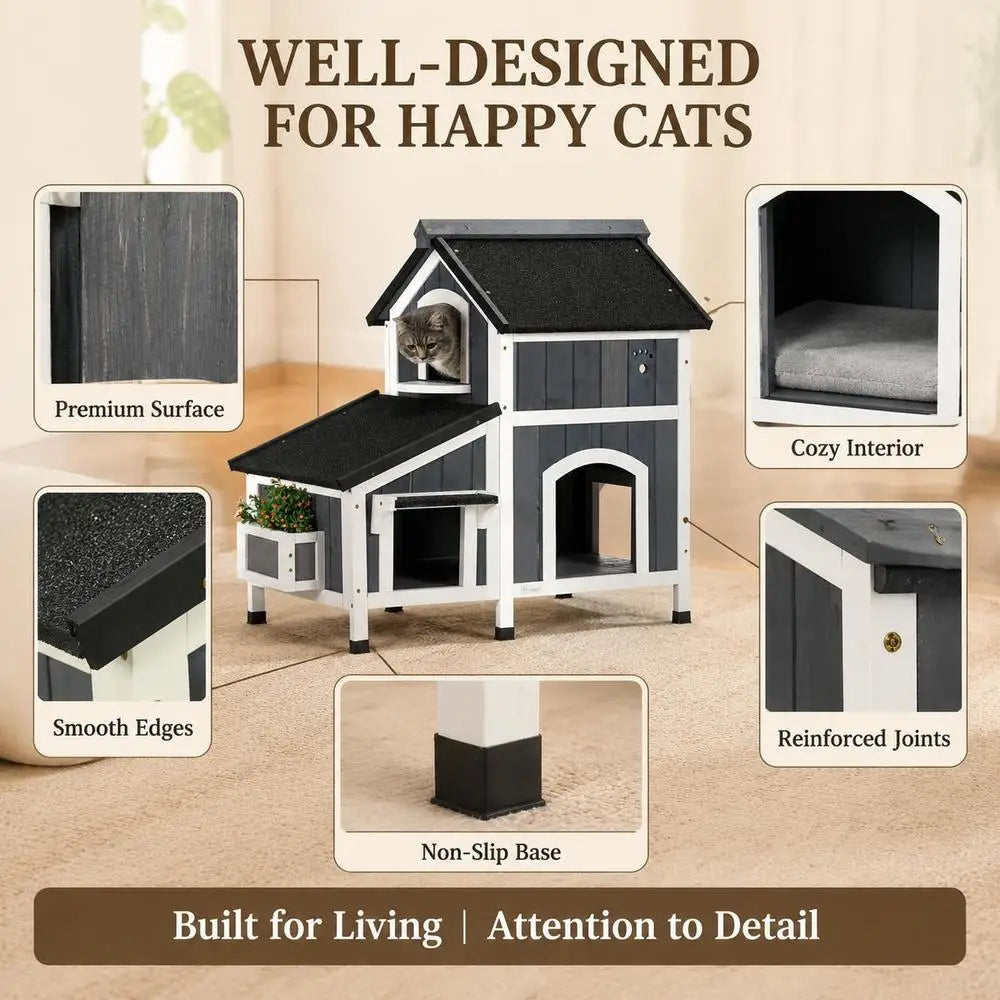 Outdoor Wooden Cat House with Asphalt Roof & Windows