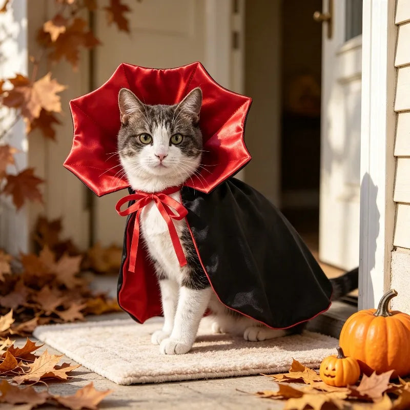 Cat wearing a Halloween pumpkin cape and wizard hat – photo 4