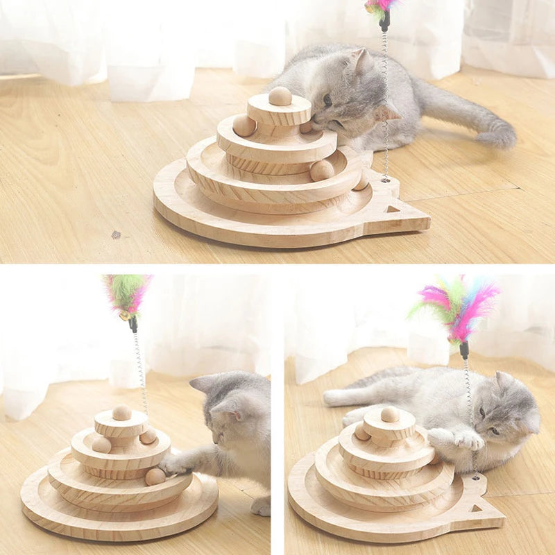 Wooden cat ball track tower toy with feather teaser – photo 4