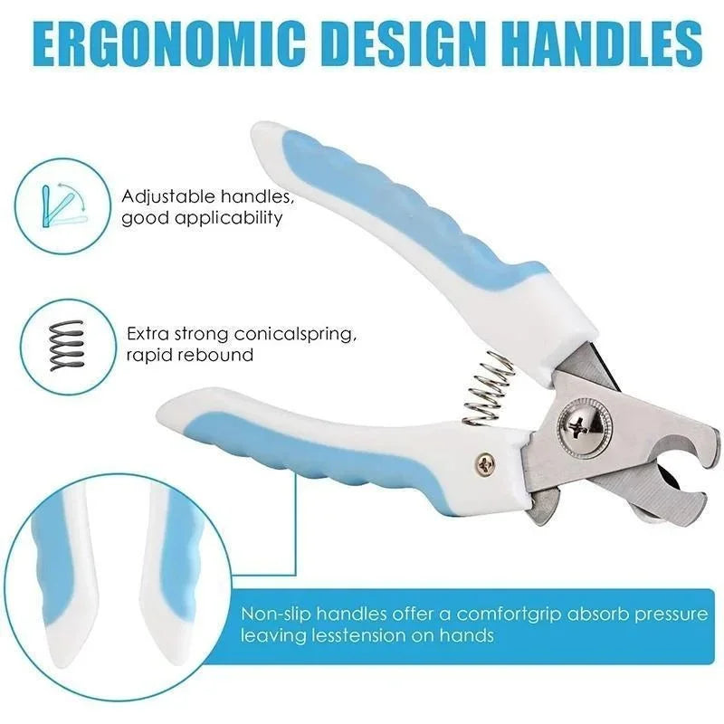 Stainless steel pet nail clippers with blue and pink handles – photo 2