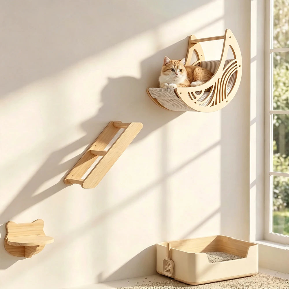 Cat resting on wall-mounted wooden cat shelves and perches