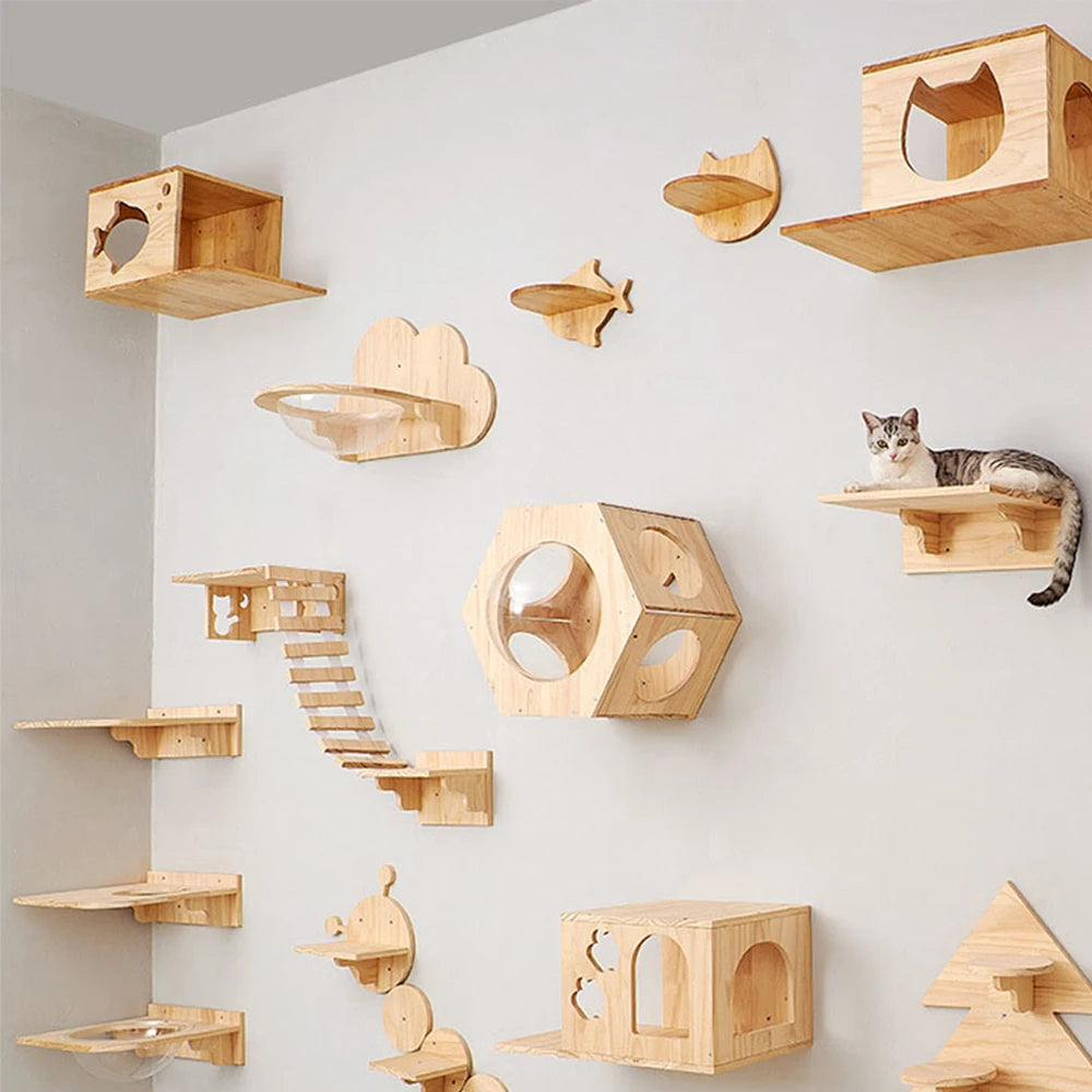 Wooden wall-mounted cat shelves, steps and hammock – photo 10