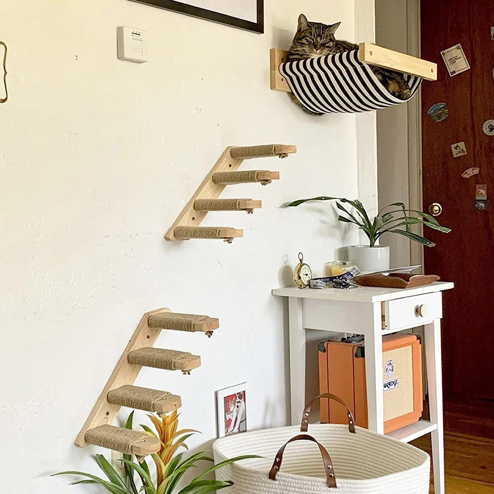Wooden wall-mounted cat shelves, steps and hammock – photo 2