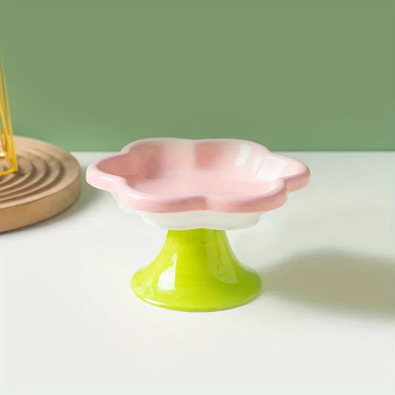 Raised Ceramic Cat Bowl with Flower Design