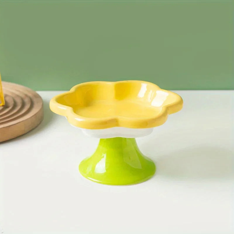 Raised Ceramic Cat Bowl with Flower Design