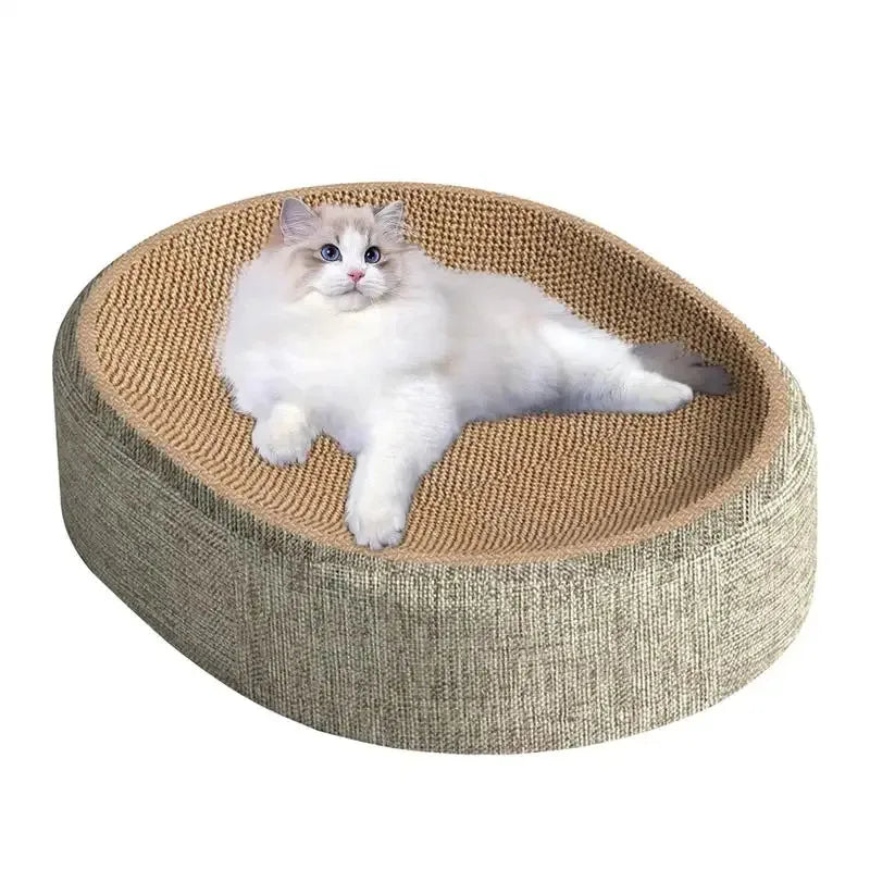 Cat lying on an oval woven cat scratcher bed