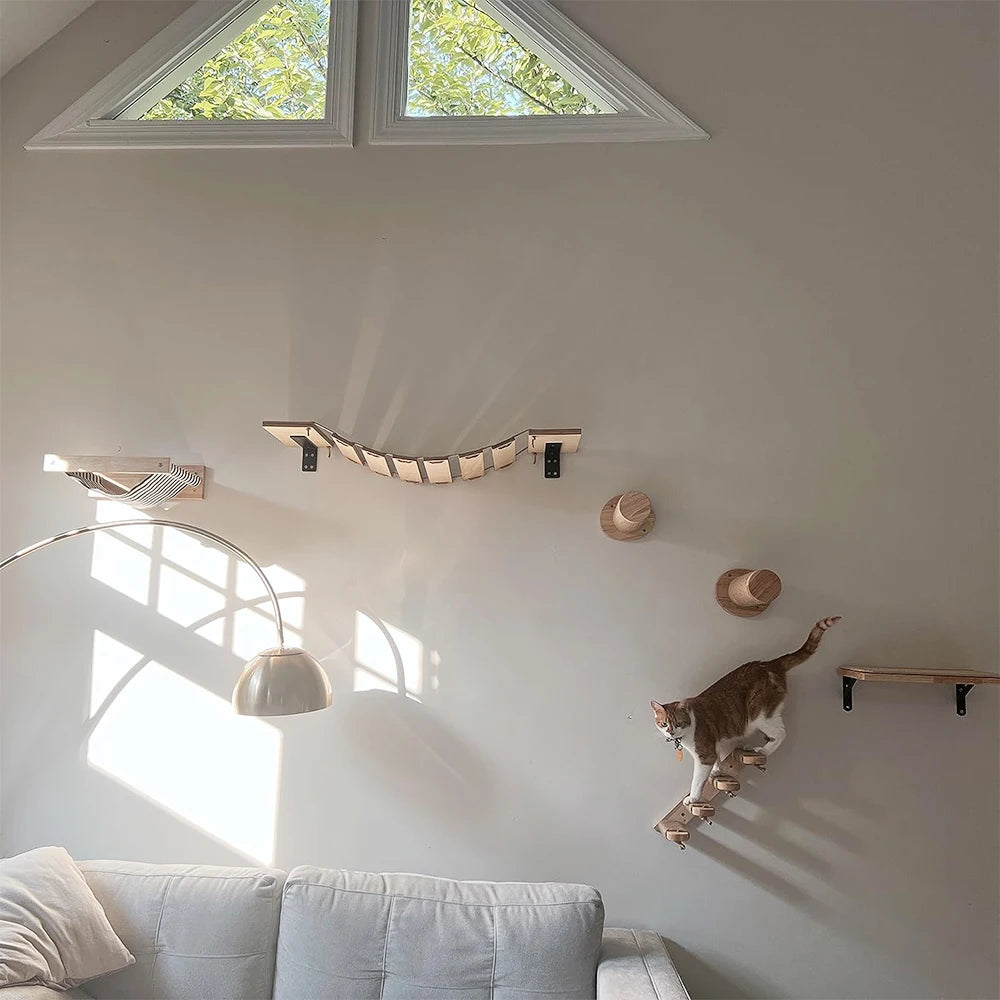 Wooden wall-mounted cat shelves, steps and hammock – photo 8