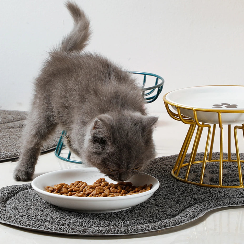 Shallow whisker-friendly ceramic cat bowl on an iron stand – photo 2