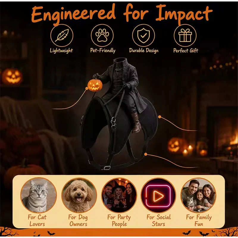 Cat wearing a headless horseman rider costume harness – photo 3