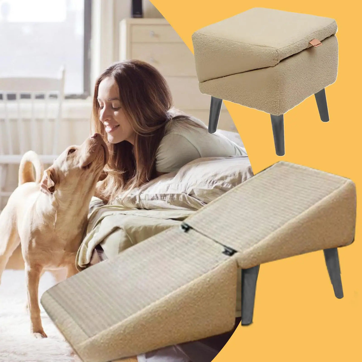 Foldable wooden pet ramp with non-slip fabric cover beside a bed – photo 4