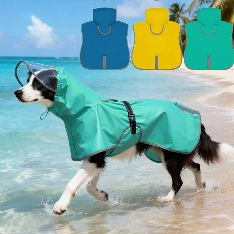 Large dog wearing a hooded waterproof reflective raincoat
