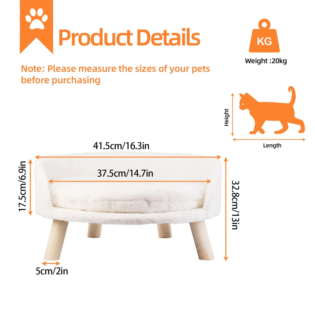 Plush Cat Bed Chair with Wooden Legs, White