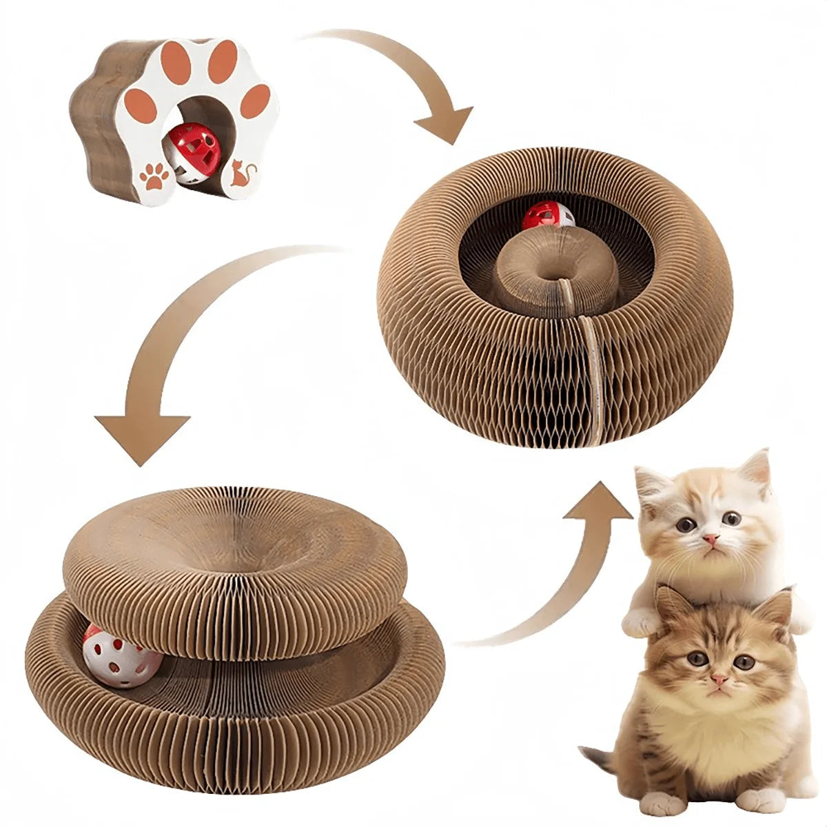 Twisting corrugated cardboard cat scratcher toy with bell ball