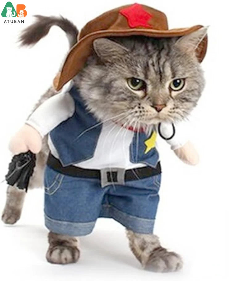 Cat wearing a cowboy Halloween costume with hat and faux arms – photo 8