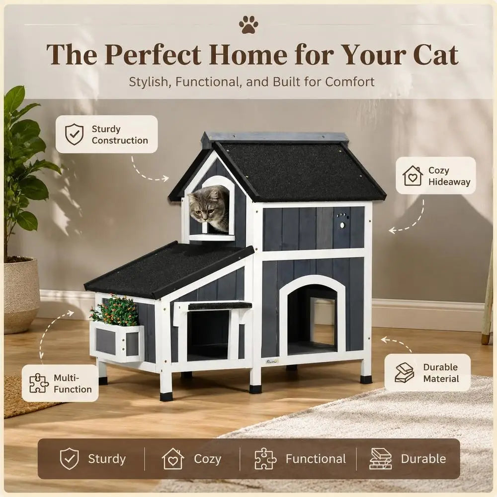 Outdoor Wooden Cat House with Asphalt Roof & Windows