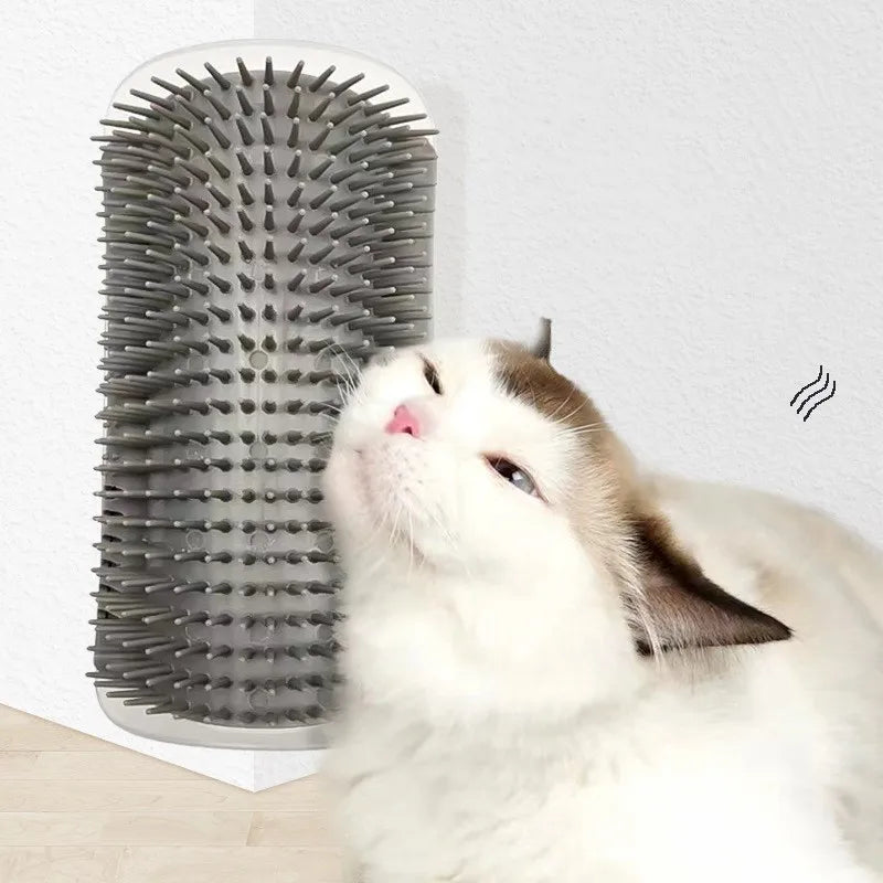 Cat rubbing against a corner self-grooming brush