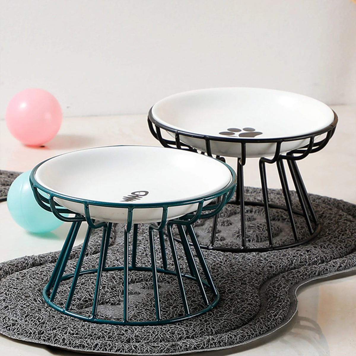 Shallow whisker-friendly ceramic cat bowl on an iron stand – photo 9