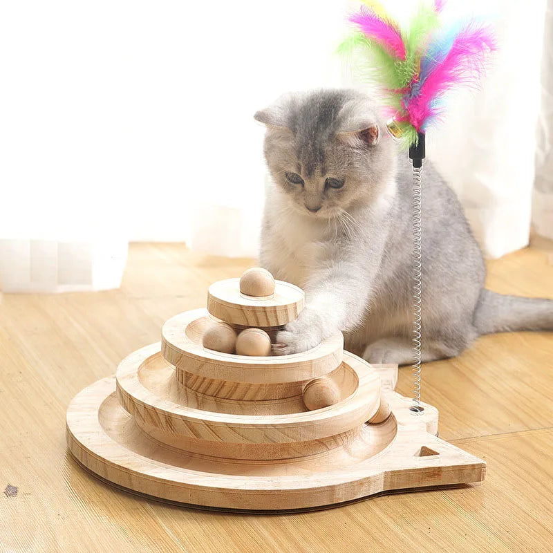 Wooden cat ball track tower toy with feather teaser