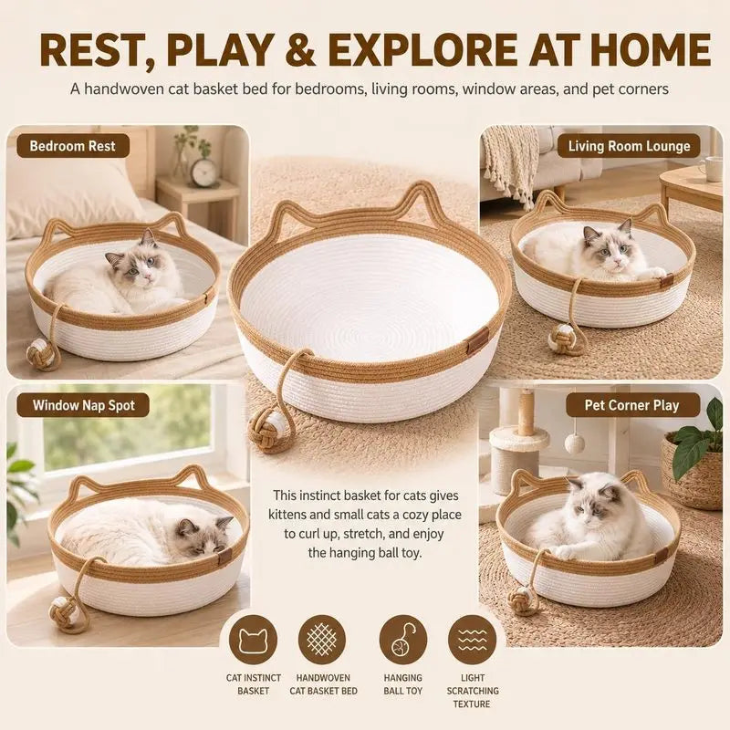 Handwoven cotton rope cat basket bed with cat-ear handles and hanging ball toy