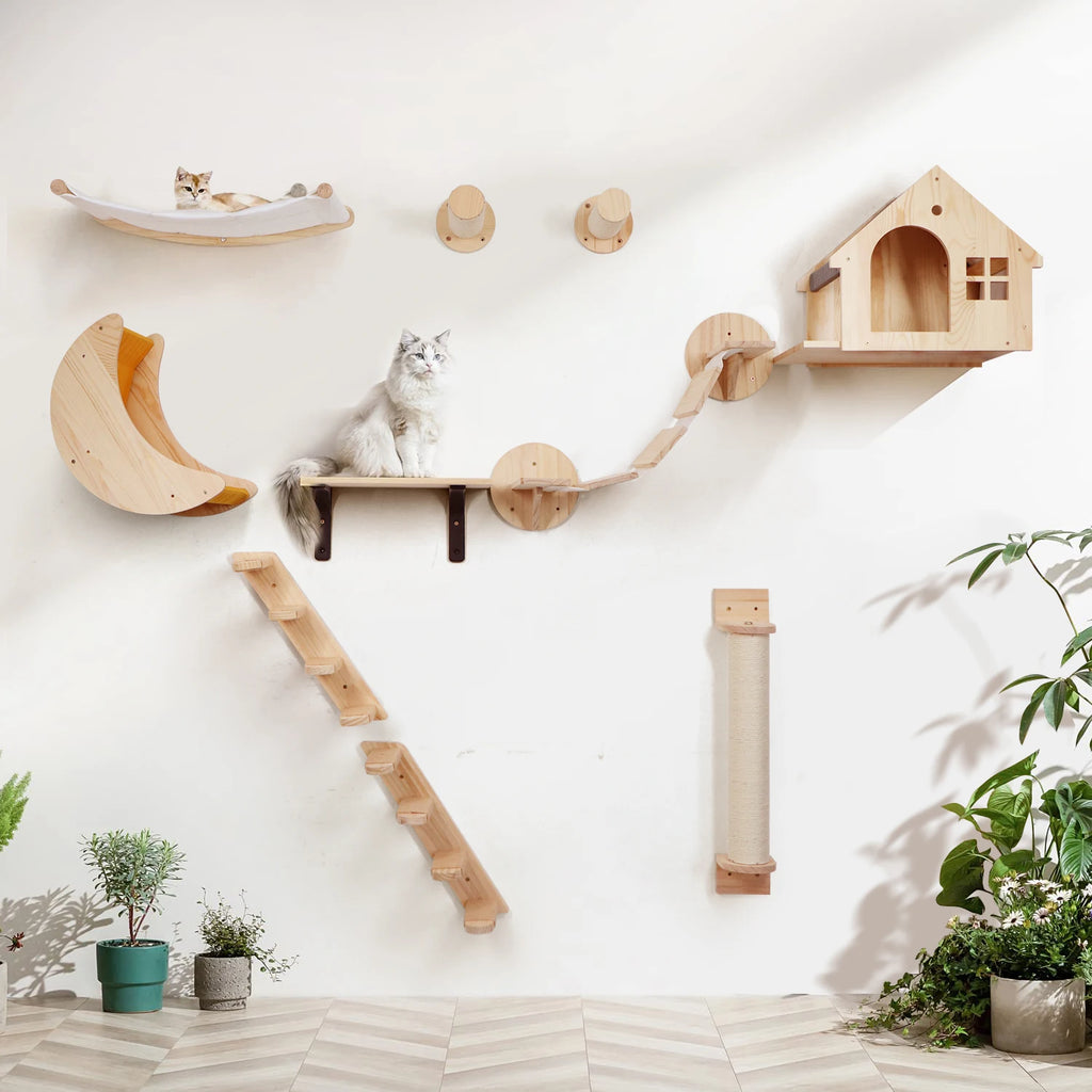 Wooden wall-mounted cat shelves, steps and hammock – photo 7