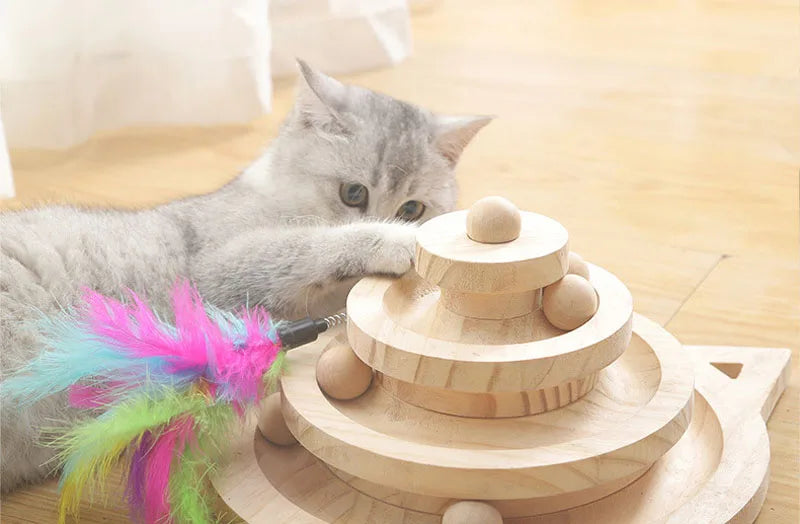 Wooden cat ball track tower toy with feather teaser – photo 10