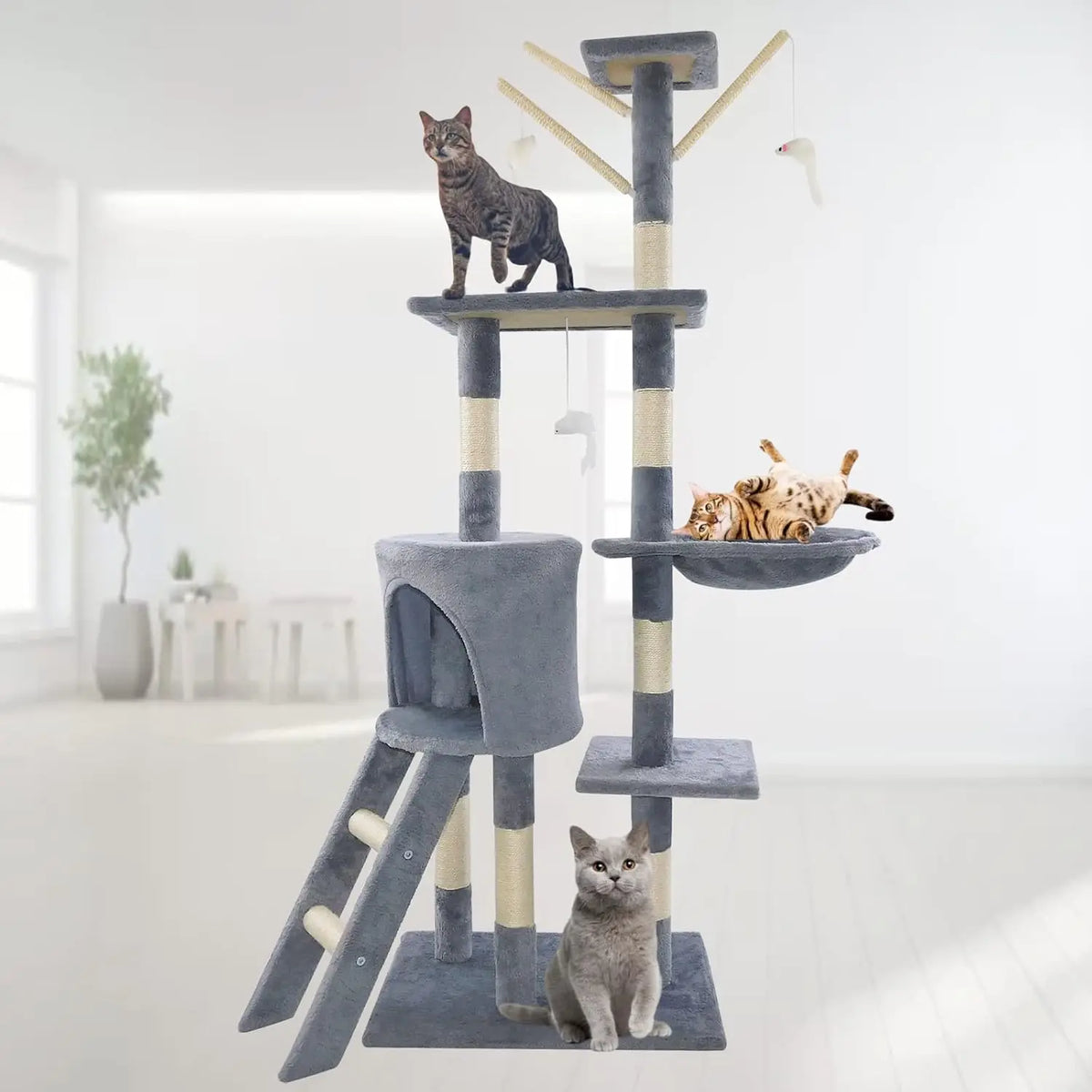 140cm grey cat tree with condo, hammock and sisal scratching posts